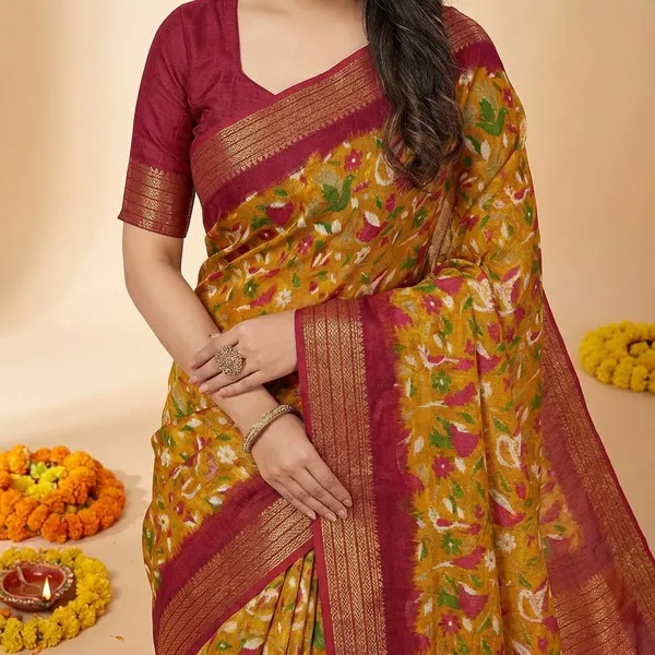 Yellow_&_Maroon_Premium_Moss_Crepe_With_Jacquard_Border_Saree_With_Running_Blouse_For_Women