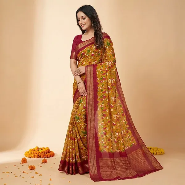 Yellow_&_Maroon_Premium_Moss_Crepe_With_Jacquard_Border_Saree_With_Running_Blouse_For_Women