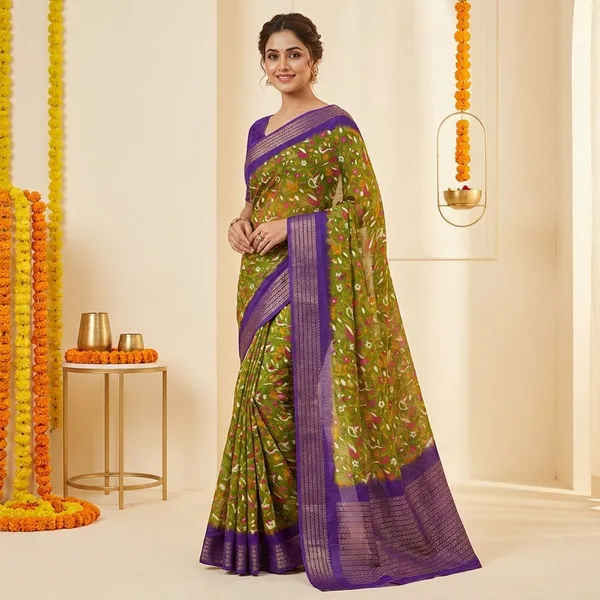 Green_&_Blue_Premium_Moss_Crepe_With_Jacquard_Border_Saree_With_Running_Blouse_For_Women
