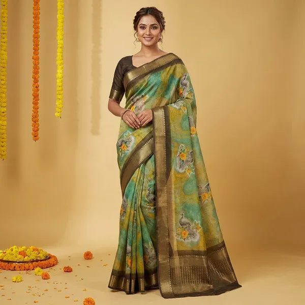 Green_Premium_Moss_Crepe_With_Jacquard_Border_Saree_With_Running_Blouse_For_Women