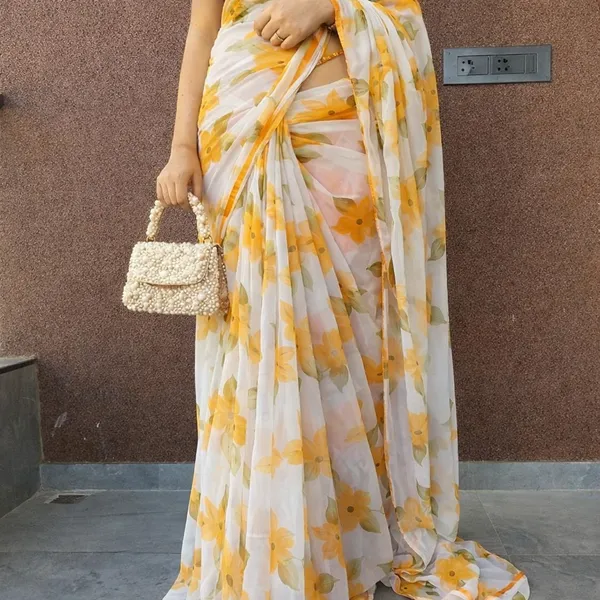 White_&_Yellow_Premium_Chiffon_Saree_With_Running_Blouse_For_Women