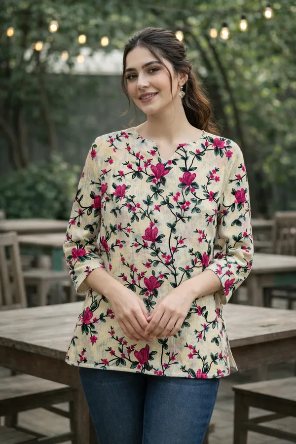 Light_Yellow_Cotton_Floral_Kantha_Short_Kurti_For_Women