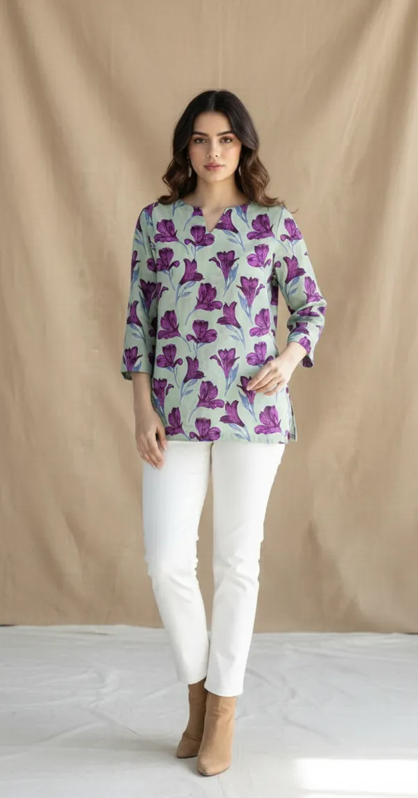 Light_Yellow_And_Sage_Green_Cotton_Floral_Kantha_Short_Kurti_For_Women(Pack_of_2)