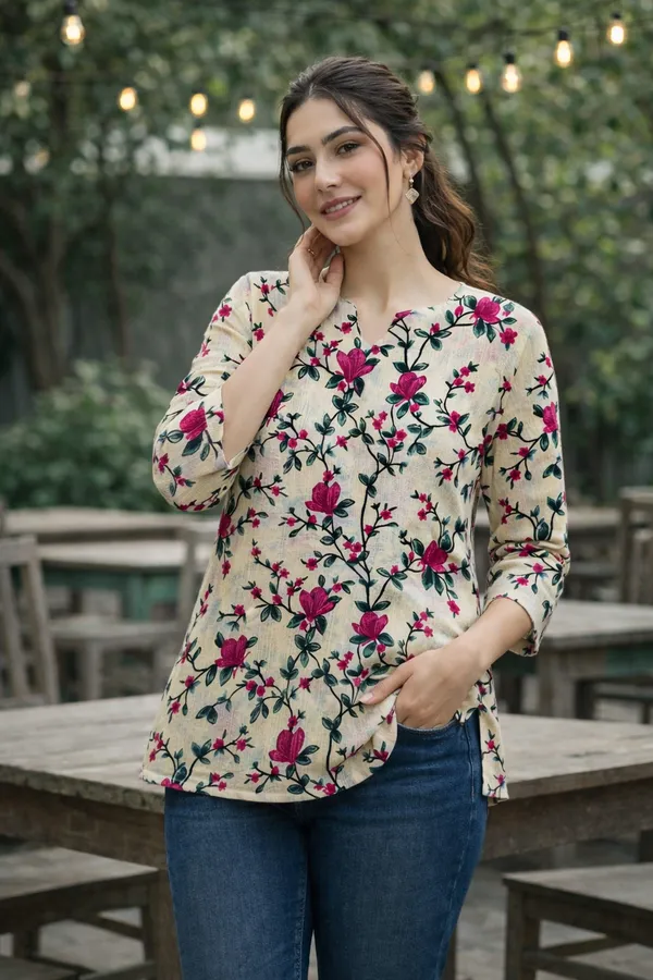 Light_Yellow_And_Sage_Green_Cotton_Floral_Kantha_Short_Kurti_For_Women(Pack_of_2)