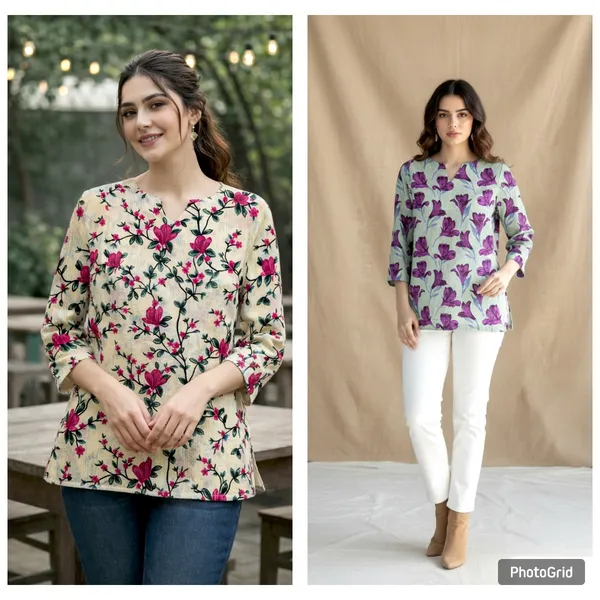 Light_Yellow_And_Sage_Green_Cotton_Floral_Kantha_Short_Kurti_For_Women(Pack_of_2)