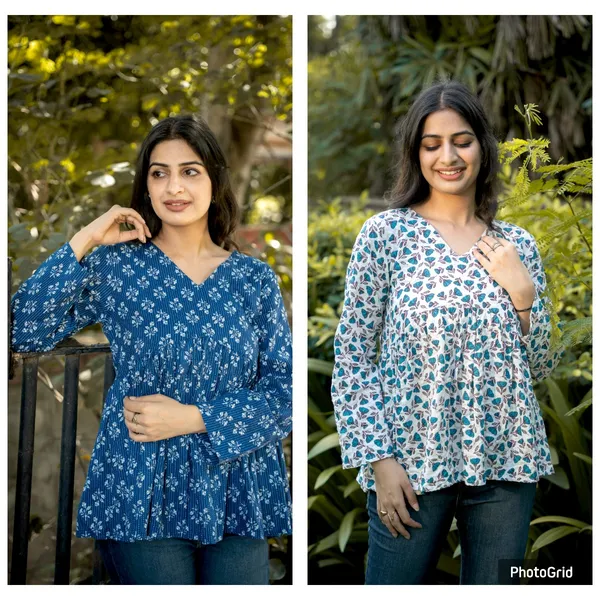 White_And_Indigo_Cotton_Floral_Top_For_Women_(Pack_of_2)