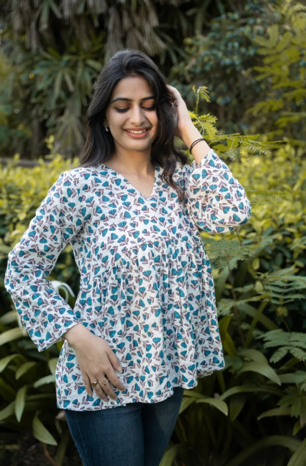 White_And_Indigo_Cotton_Floral_Top_For_Women_(Pack_of_2)