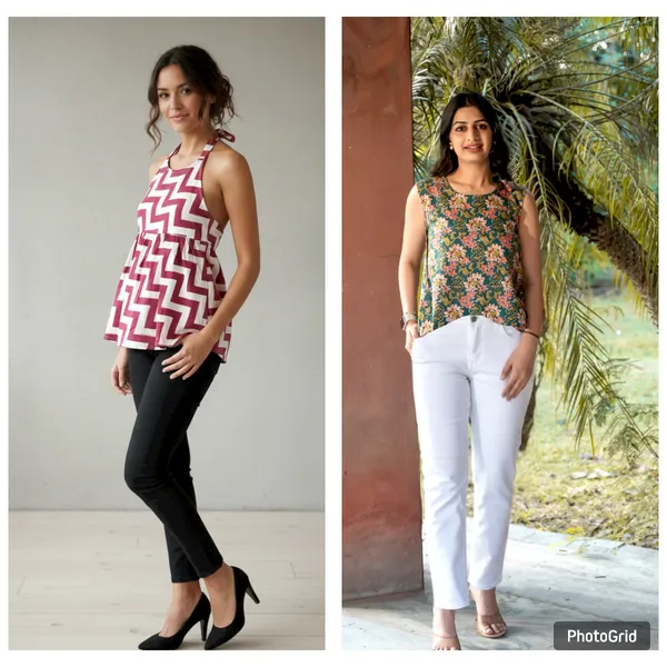 Wine_And_Green_Cotton_Zigzag_And_Kantha_Floral_Top_For_Women(Pack_Of_2)