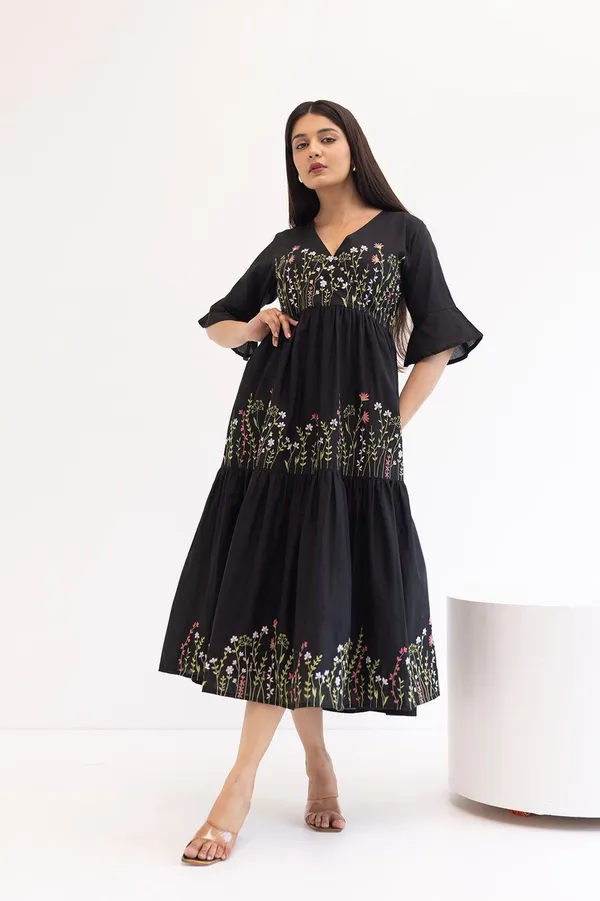 Black_And_Red_Rayon_Embroidered_Midi_Dress_&_Anarkali_Set_For_Women_(Pack_Of_2)