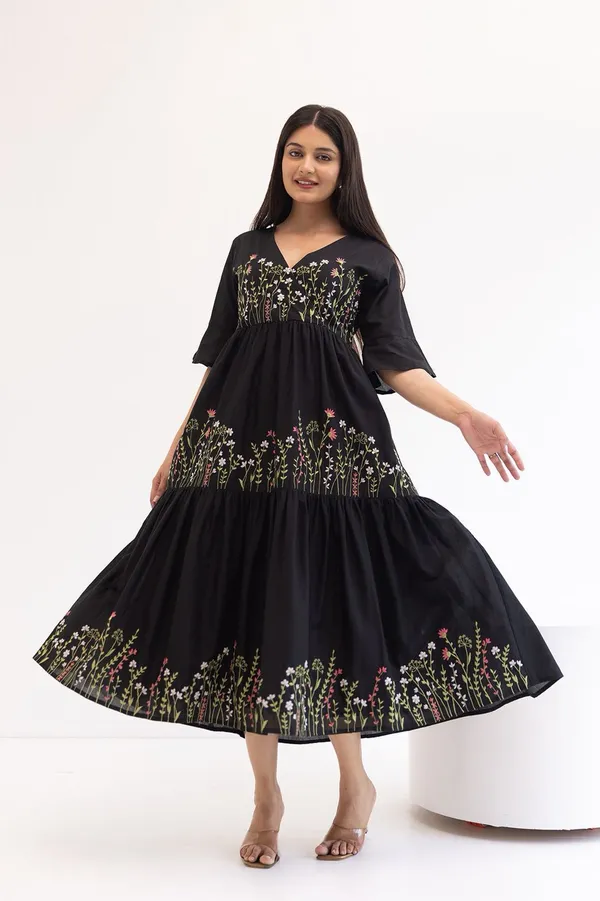 Black_And_Red_Rayon_Embroidered_Midi_Dress_&_Anarkali_Set_For_Women_(Pack_Of_2)