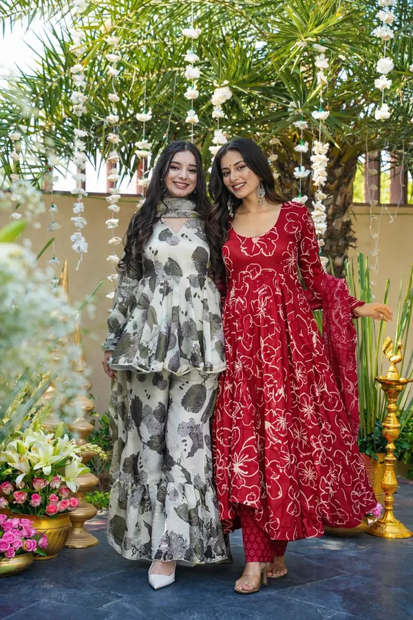 Olive_Green_And_Wine_Rayon_Peplum_Kurti_With_Palazzo_&_Dupatta_Set_For_Women_(Pack_Of_2)