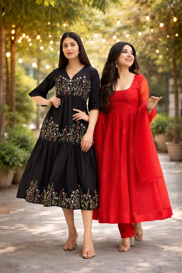 Black_And_Red_Rayon_Embroidered_Midi_Dress_&_Anarkali_Set_For_Women_(Pack_Of_2)