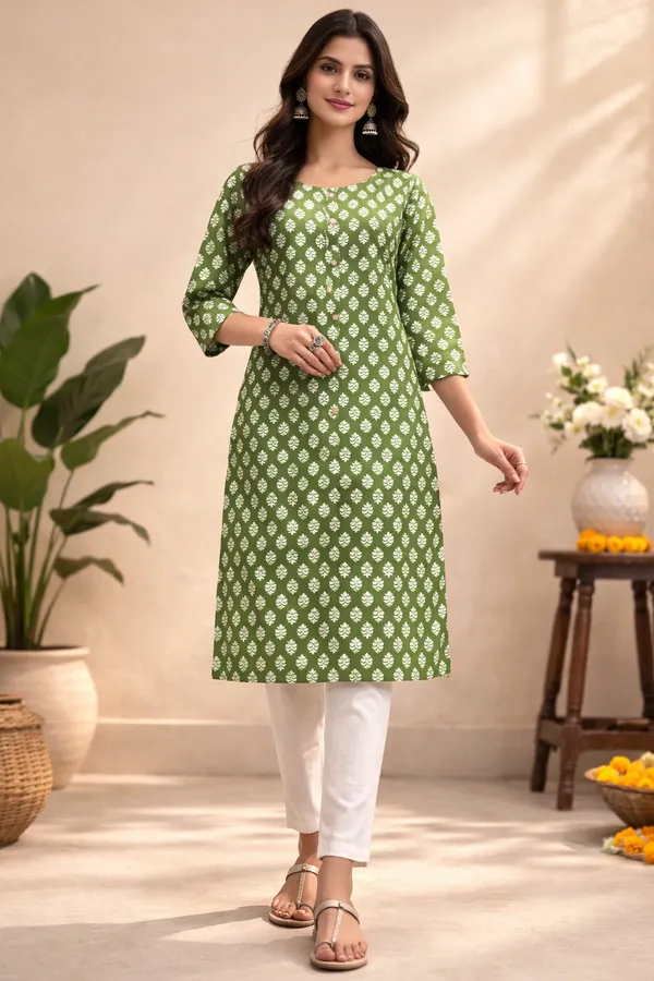 Olive_Green_Mul_Cotton_Premium_Printed_Kurti_For_Women