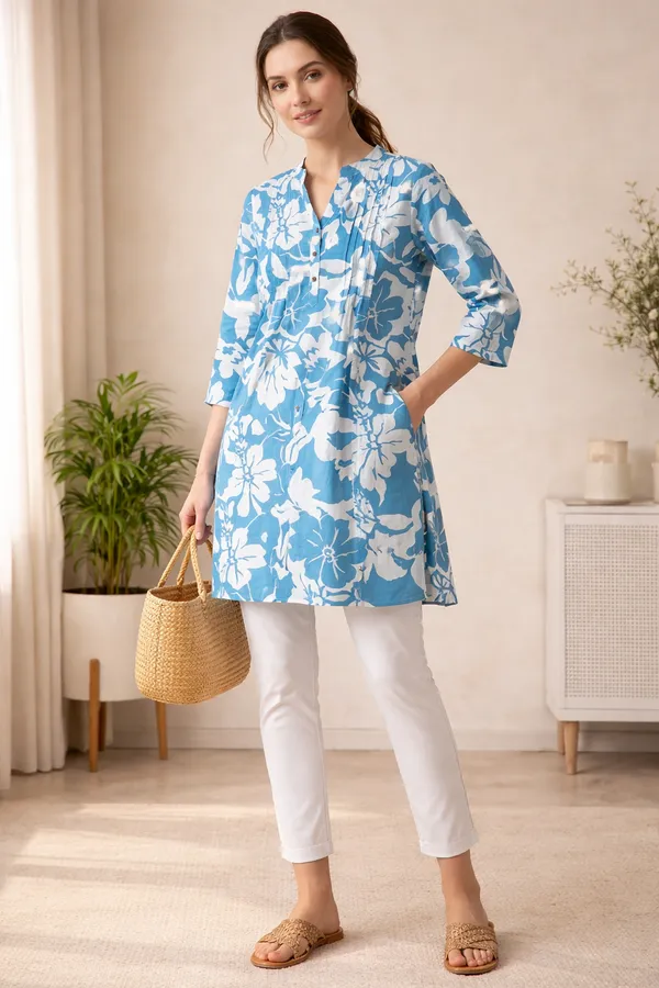 Blue_And_White_Mul_Cotton_Premium_Floral_Tunic_Top_For_Women