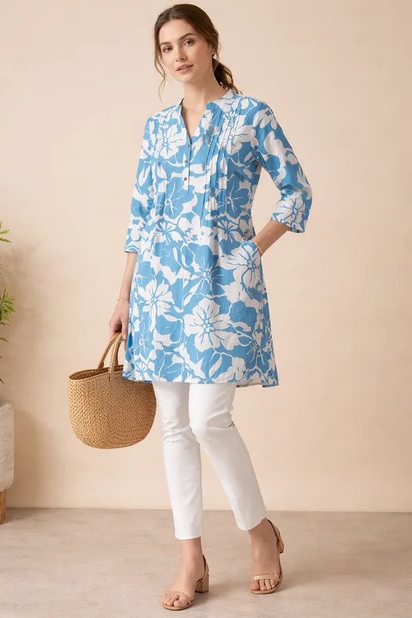 Blue_And_White_Mul_Cotton_Premium_Floral_Tunic_Top_For_Women