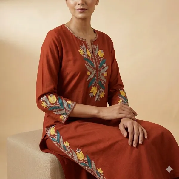 Rust_Mulmul_Cotton_Kurta_Pant_Set_For_Women