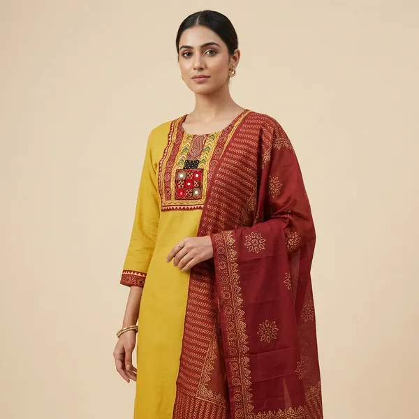 Amber_Yellow_Cotton_Kurta_Pant_Dupatta_3_Pc_Suit_For_Women
