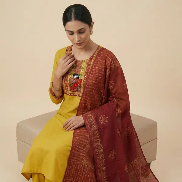 Amber_Yellow_Cotton_Kurta_Pant_Dupatta_3_Pc_Suit_For_Women