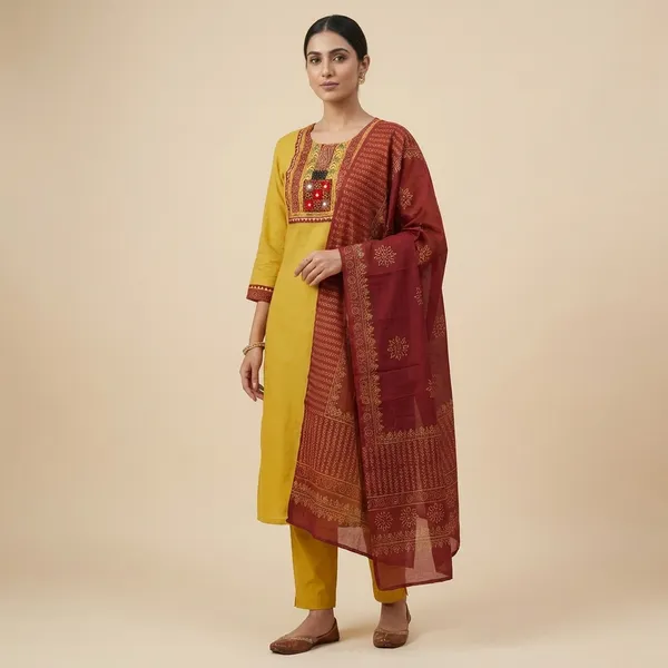 Amber_Yellow_Cotton_Kurta_Pant_Dupatta_3_Pc_Suit_For_Women