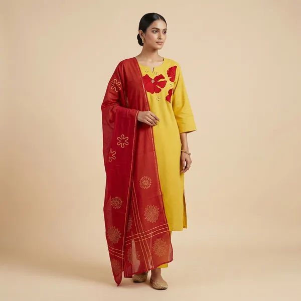 Yellow_Cotton_Kurta_Pant_Dupatta_3_Pc_Suit_For_Women