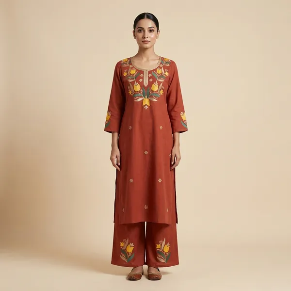 Rust_Mulmul_Cotton_Kurta_Pant_Set_For_Women