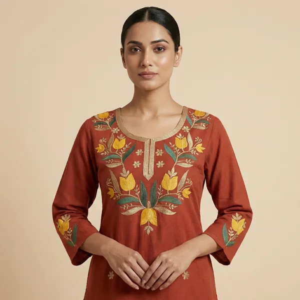 Rust_Mulmul_Cotton_Kurta_Pant_Set_For_Women