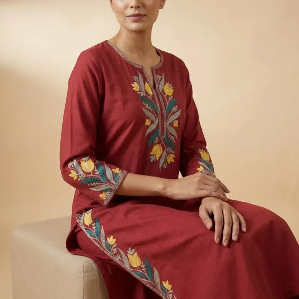 Rust_And_Terracotta_Mulmul_Cotton_Kurta_Pant_Set_For_Women