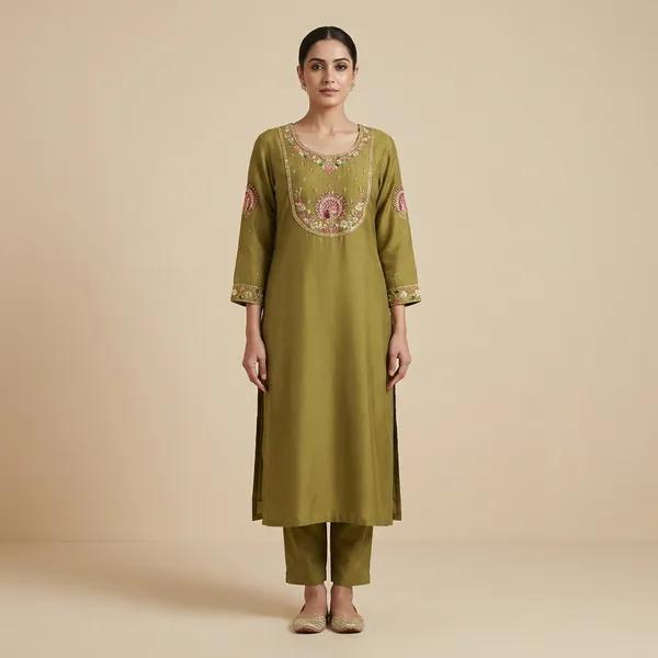 Mustard_Green_Mulmul_Cotton_Kurta_Set_For_Women