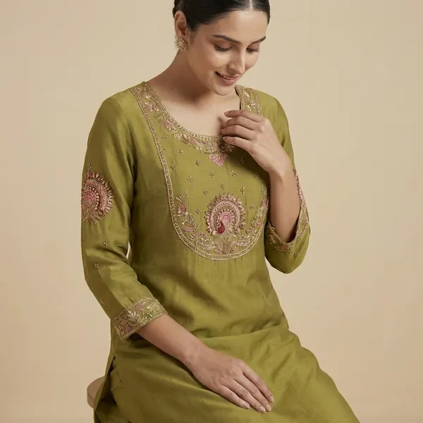 Mustard_Green_Mulmul_Cotton_Kurta_Set_For_Women