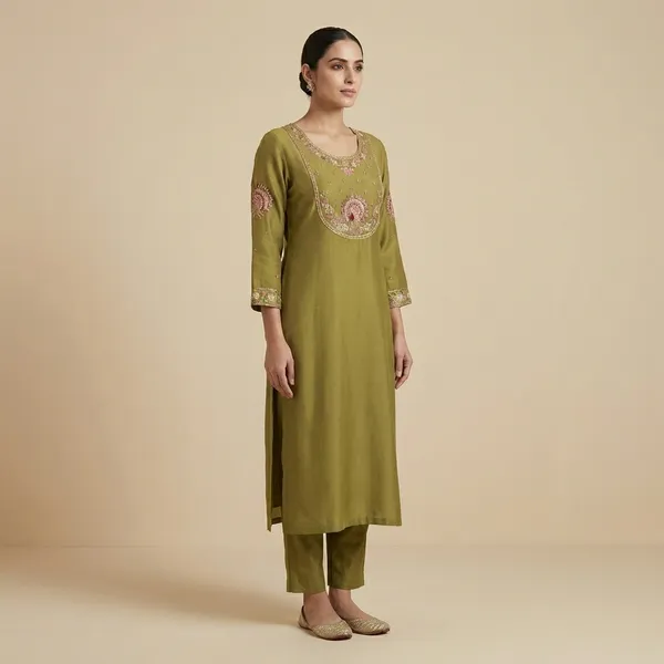 Mustard_Green_Mulmul_Cotton_Kurta_Set_For_Women