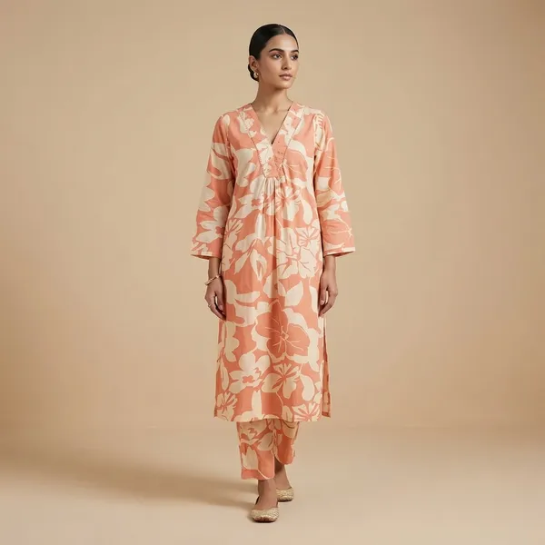 Peach_And_White_Mulmul_Cotton_Kurta_Set_For_Women
