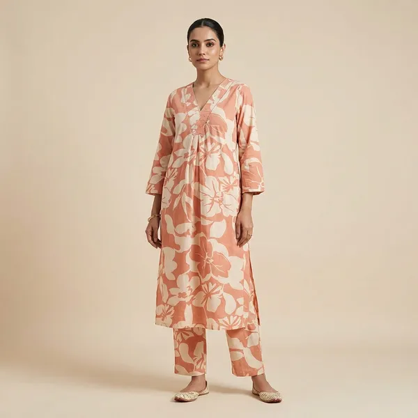 Peach_And_White_Mulmul_Cotton_Kurta_Set_For_Women