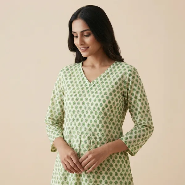 Cream_And_Green_Mulmul_Cotton_Kurta_Set_For_Women
