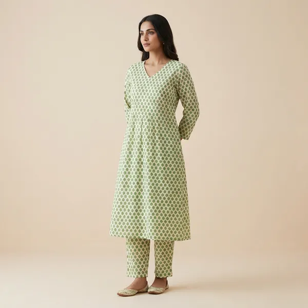 Cream_And_Green_Mulmul_Cotton_Kurta_Set_For_Women