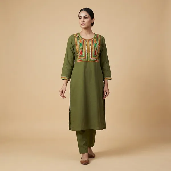 Olive_Green_Mulmul_Cotton_Kurta_Set_For_Women