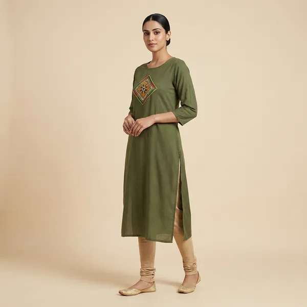 Olive_Green_Mulmul_Cotton_Kurta_Set_For_Women