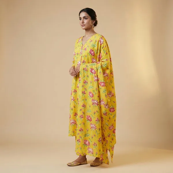 Yellow_And_Pink_Mulmul_Cotton_Kurta_Set_For_Women