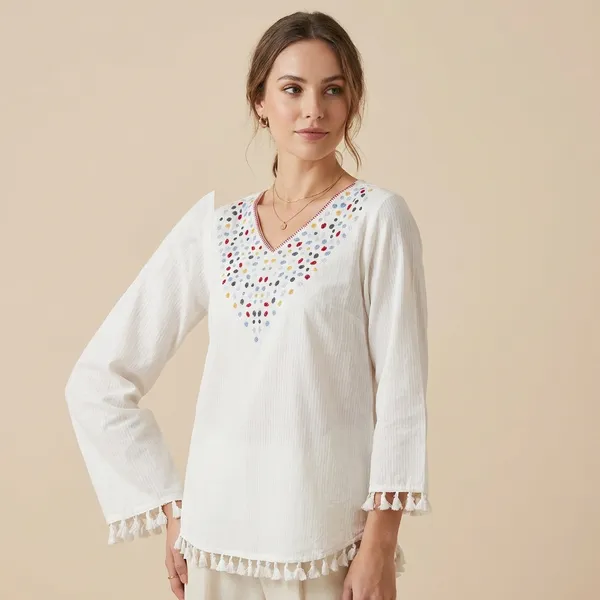 White_Mul_Cotton_Dot_Tunic_Top_For_Women