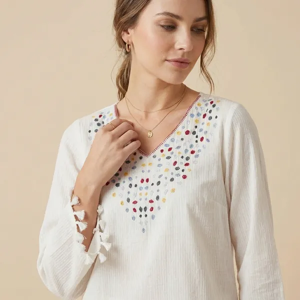 White_Mul_Cotton_Dot_Tunic_Top_For_Women