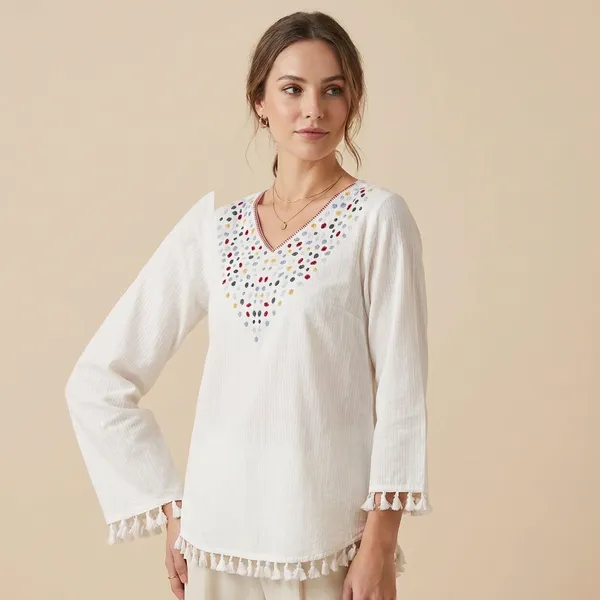 White_Mul_Cotton_Dot_Tunic_Top_For_Women