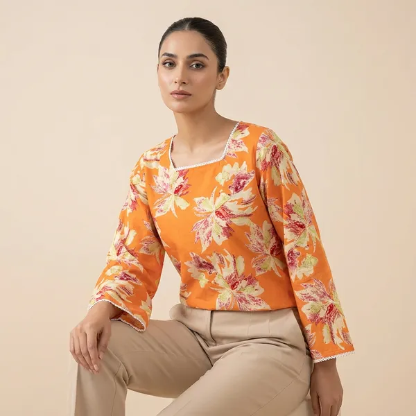 Burnt_Orange_Mul_Cotton_Leaf_Print_Top_For_Women