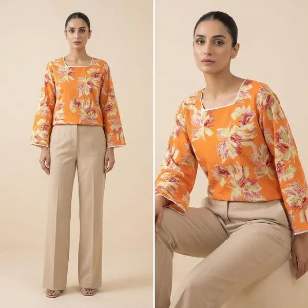 Burnt_Orange_Mul_Cotton_Leaf_Print_Top_For_Women