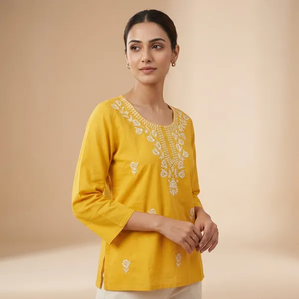 Mustard_Yellow_Mul_Cotton_Chikankari_Top_For_Women