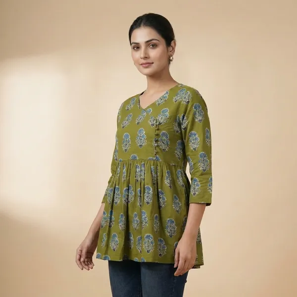 Olive_Green_Mul_Cotton_Olive_Floral_Tunic_Top_For_Women