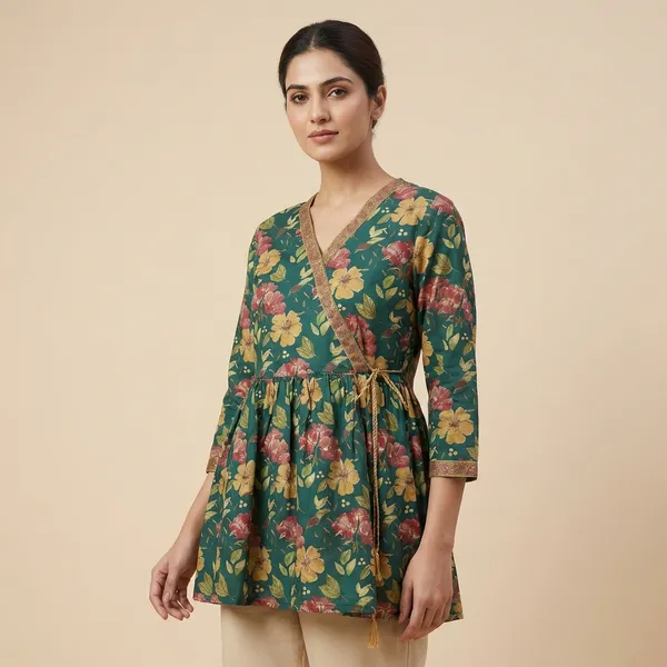 Teal_And_Dark_Green_Mul_Cotton_Angrakha_Tunic_Top_For_Women