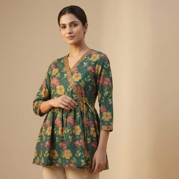 Teal_And_Dark_Green_Mul_Cotton_Angrakha_Tunic_Top_For_Women