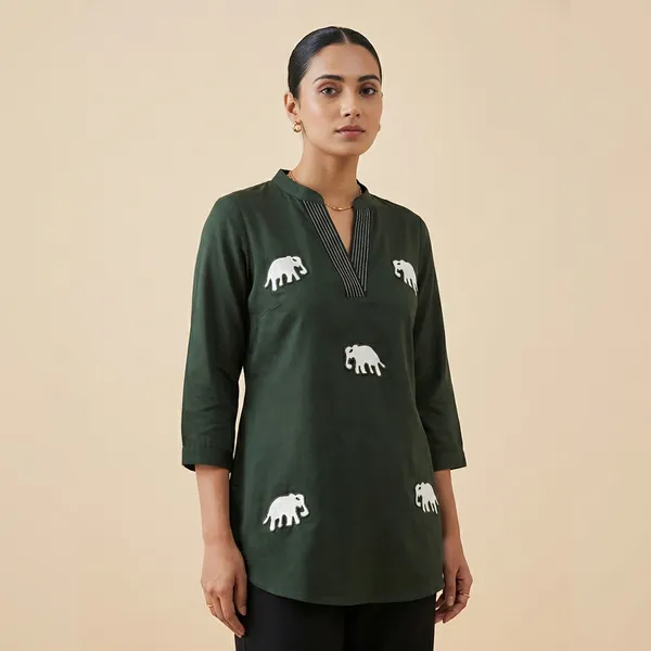 Dark_Green_Mul_Cotton_Elephant_Print_Top_For_Women