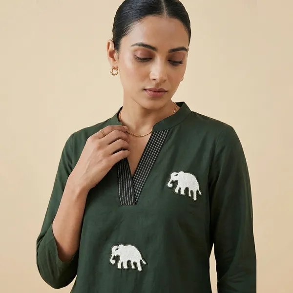 Dark_Green_Mul_Cotton_Elephant_Print_Top_For_Women