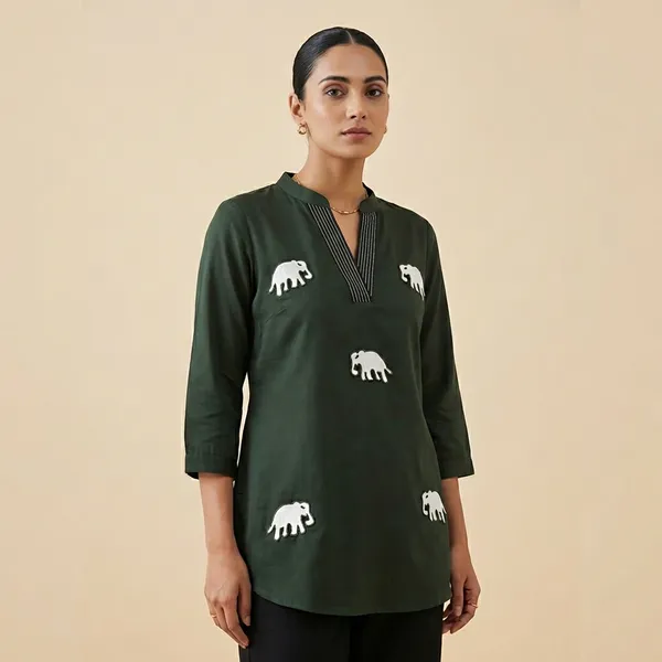 Dark_Green_Mul_Cotton_Elephant_Print_Top_For_Women