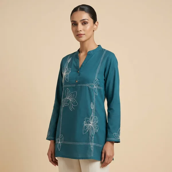 Teal_Blue_Mul_Cotton_Embroidered_Top_For_Women